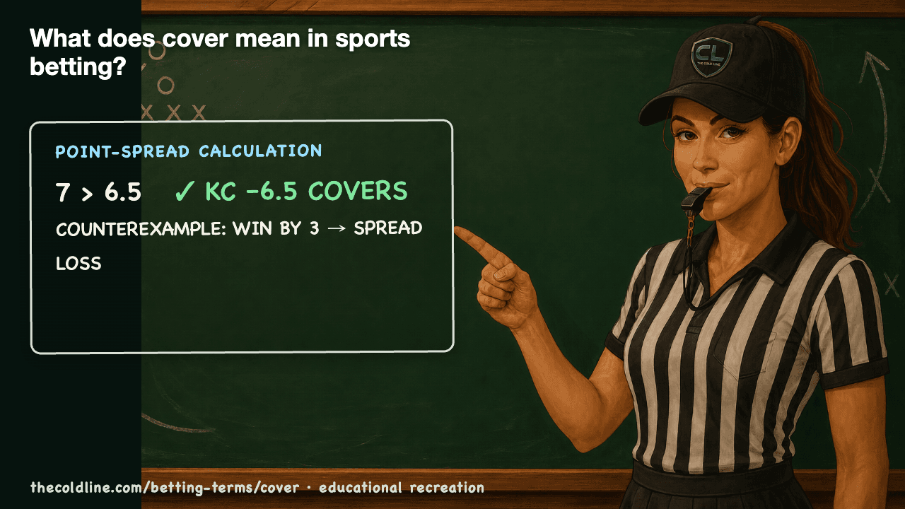 Chalkboard lesson explaining Cover with a worked Cover example.