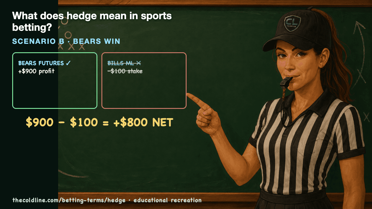 Chalkboard lesson explaining Hedge with a worked Hedge example.