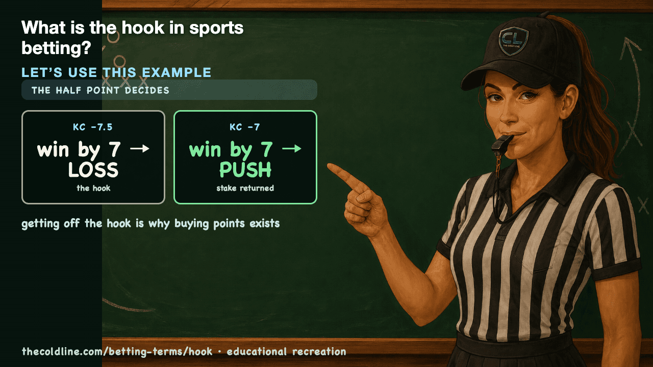 Chalkboard lesson explaining Hook with a worked Hook example.