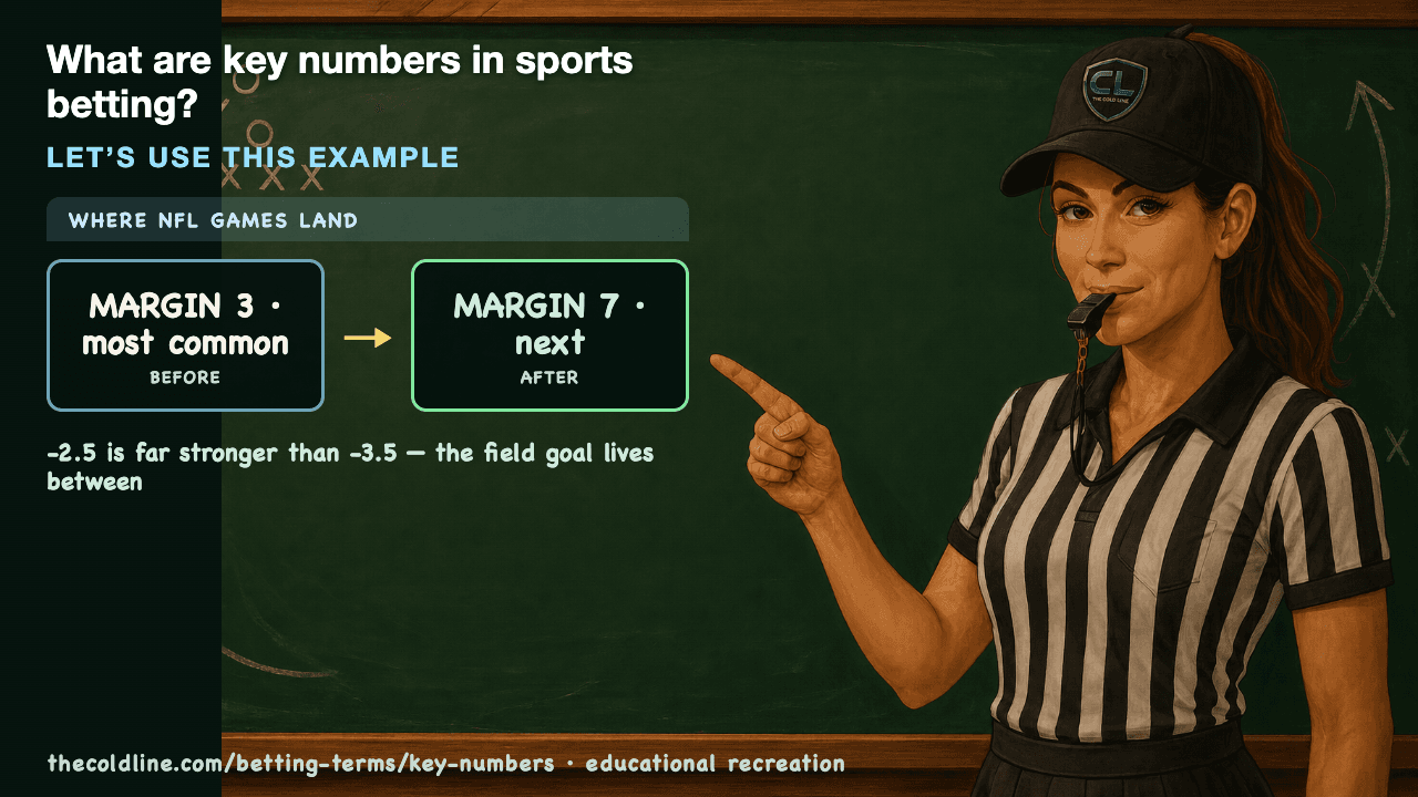 Chalkboard lesson explaining Key Numbers with a worked Key Numbers example.