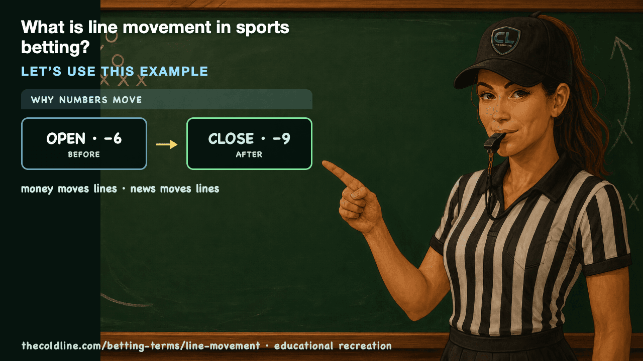 Chalkboard lesson explaining Line Movement with a worked Line Movement example.