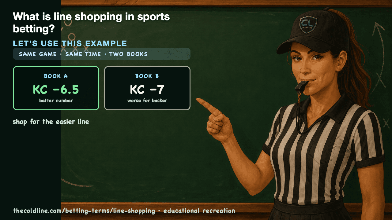 Chalkboard lesson explaining Line Shopping with a worked Line Shopping example.