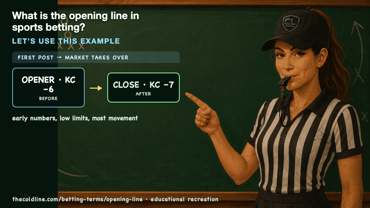 Chalkboard lesson explaining Opening Line with a worked Opening Line example.
