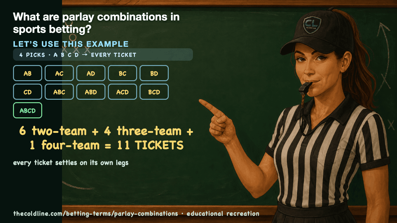 Chalkboard lesson explaining Parlay Combinations with a worked Parlay Combinations example.