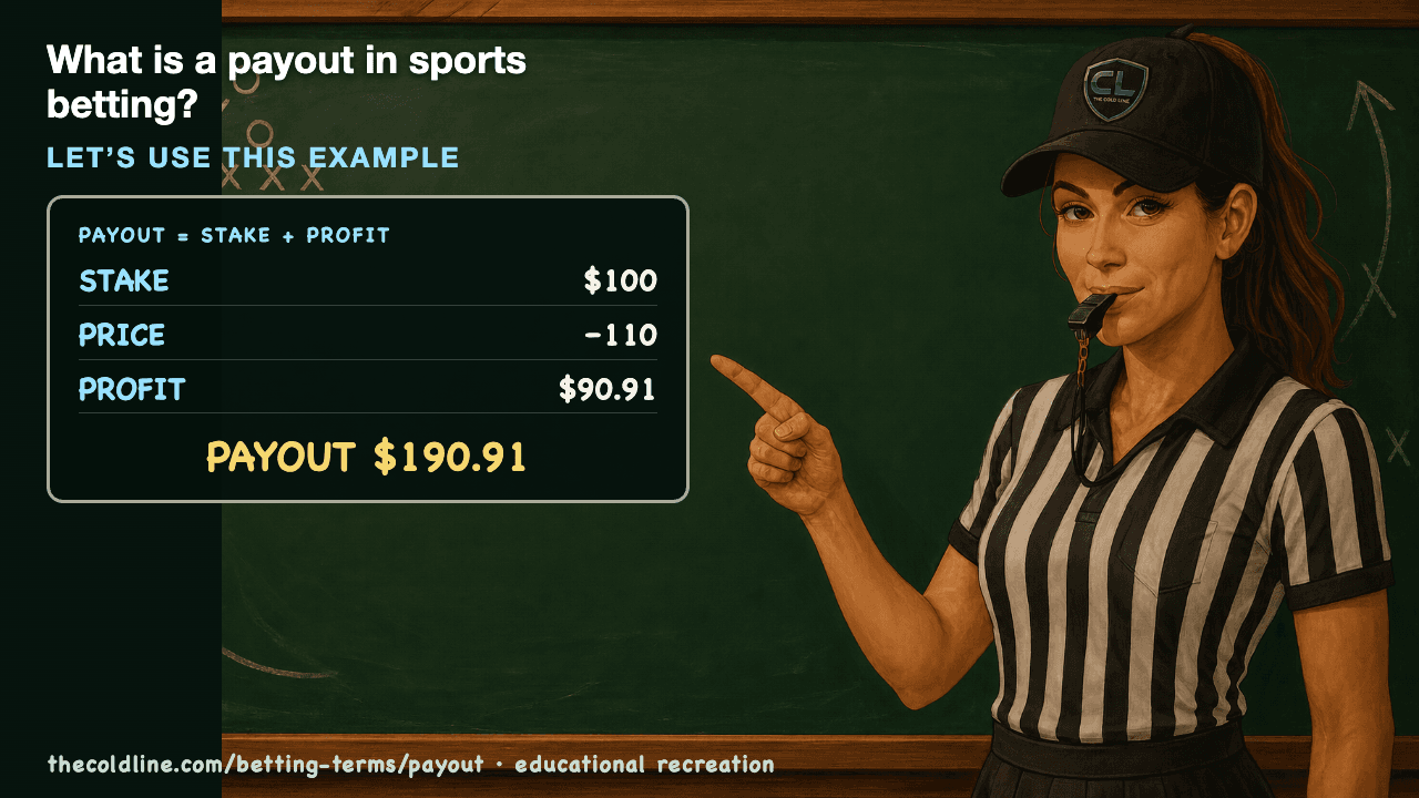 Chalkboard lesson explaining Payout with a worked Payout example.
