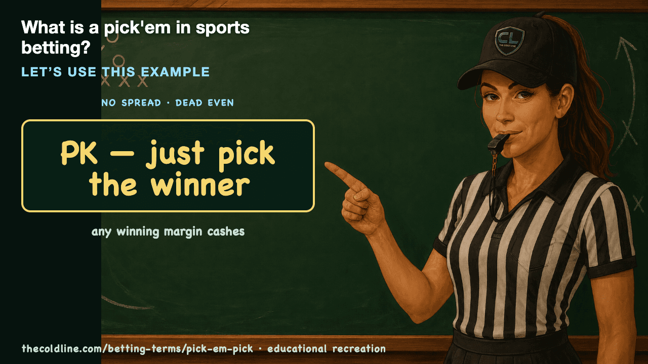 Chalkboard lesson explaining Pick'em / Pick with a worked Pick'em / Pick example.