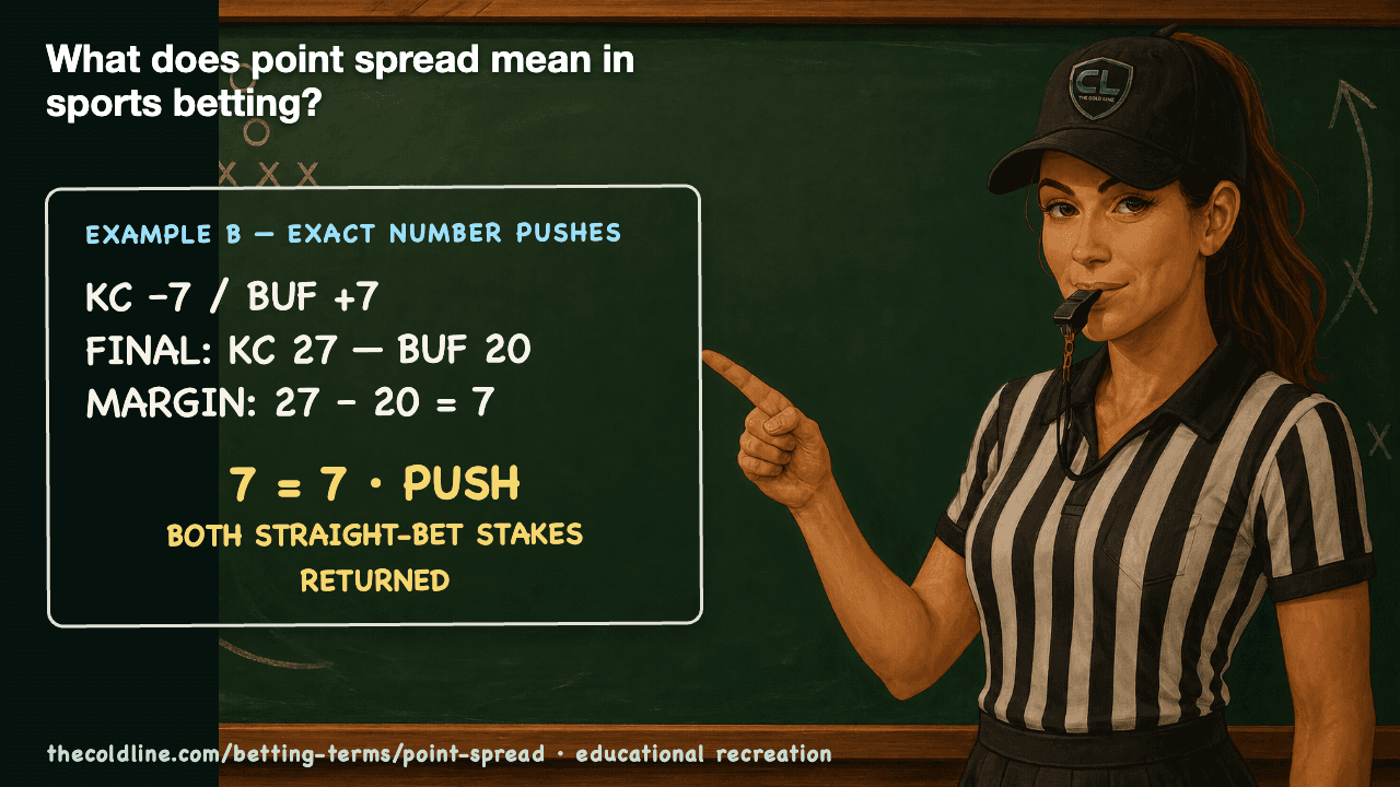 Chalkboard lesson explaining Point Spread with a worked Point Spread example.