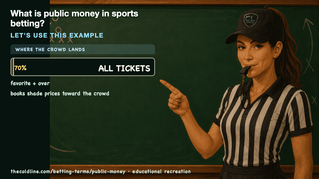 Chalkboard lesson explaining Public Money with a worked Public Money example.