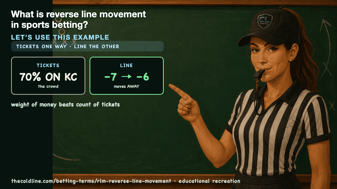 Chalkboard lesson explaining RLM (Reverse Line Movement) with a worked RLM (Reverse Line Movement) example.