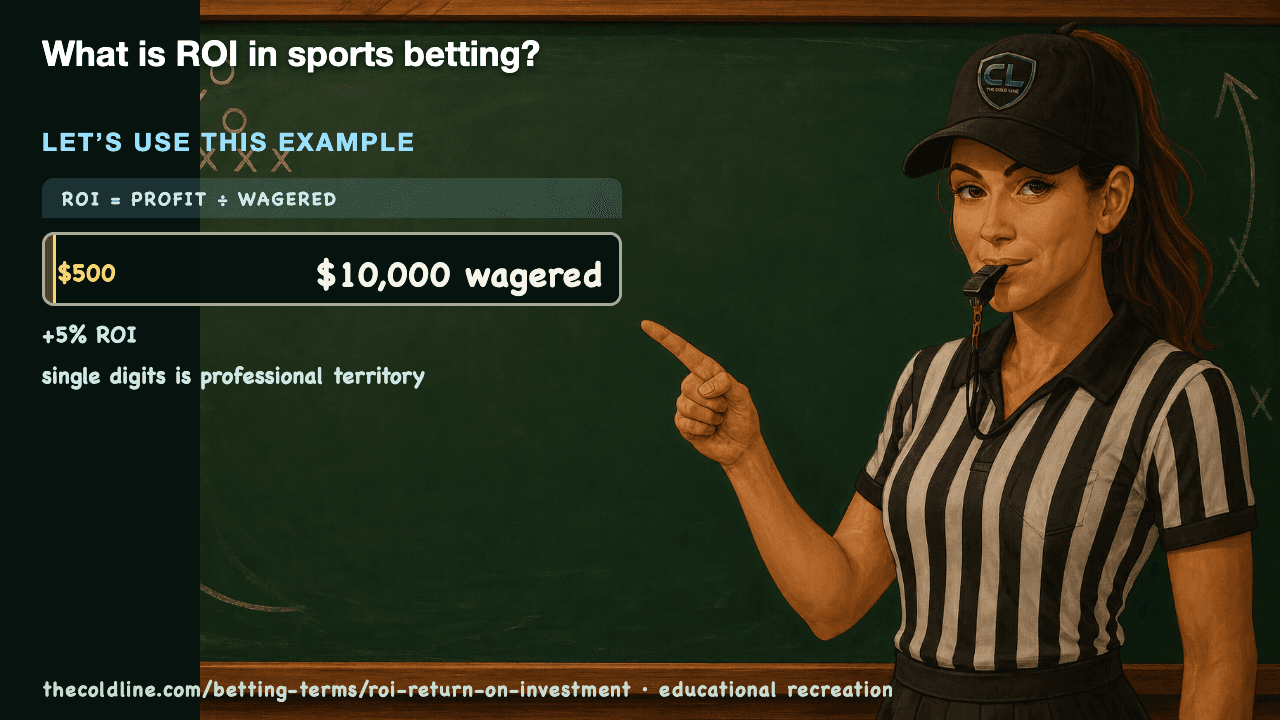 Chalkboard lesson explaining ROI (Return on Investment) with a worked ROI (Return on Investment) example.