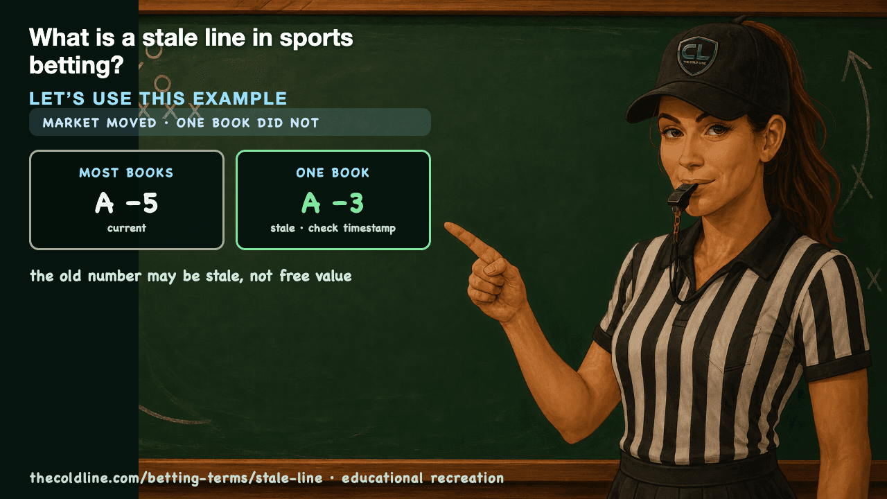 Chalkboard lesson explaining Stale Line with a worked Stale Line example.