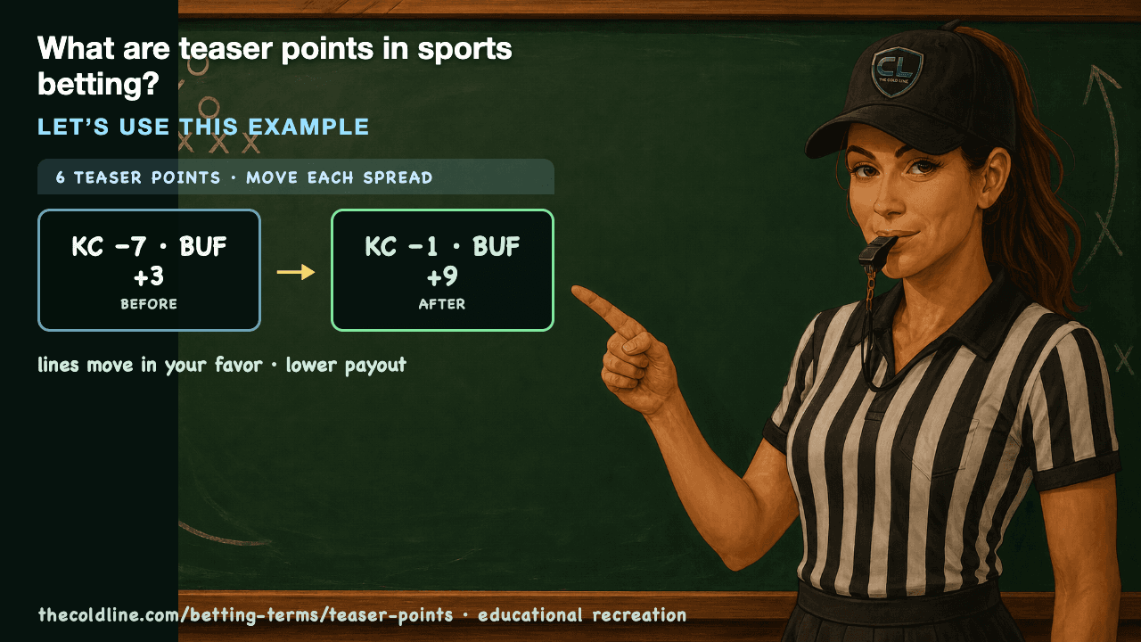 Chalkboard lesson explaining Teaser Points with a worked Teaser Points example.