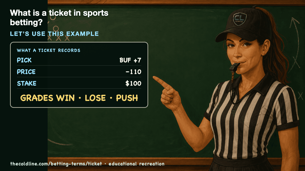 Chalkboard lesson explaining Ticket with a worked Ticket example.
