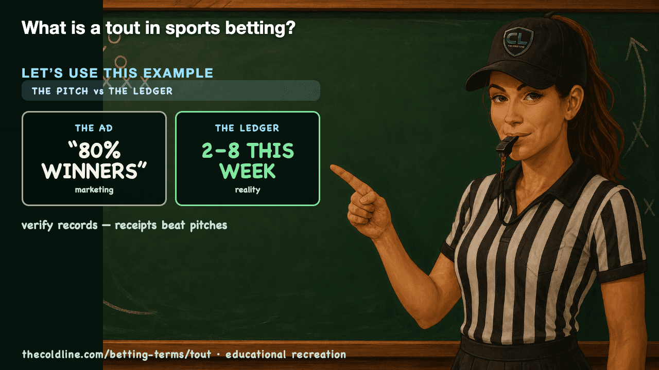 Chalkboard lesson explaining Tout with a worked Tout example.